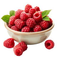 Perfectly ripe raspberries overflowing from a bowl isolated on a transparent background png