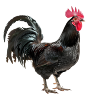 Black rooster with glossy feathers and a prominent red comb isolated on a transparent background png