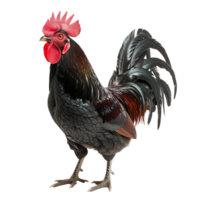 Black rooster with glossy feathers and a prominent red comb isolated on a transparent background png