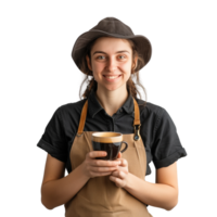 A cheerful barista holding a cup of freshly brewed coffee, ready to serve isolated on a transparent background png