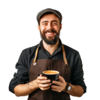 A cheerful barista holding a cup of freshly brewed coffee, ready to serve isolated on a transparent background png