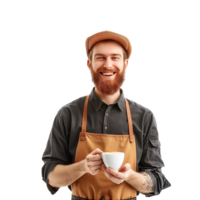 A cheerful barista holding a cup of freshly brewed coffee, ready to serve isolated on a transparent background png