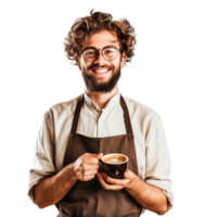A cheerful barista holding a cup of freshly brewed coffee, ready to serve isolated on a transparent background png