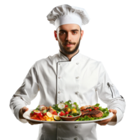 A chef in uniform holding a tray of food isolated on a transparent background png
