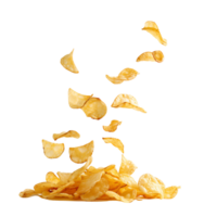 A flying of a pile of delicious potato chips isolated on a transparent backgroundA flying of a pile of delicious potato chips isolated on a transparent background png