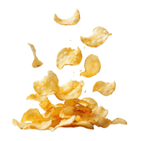 A flying of a pile of delicious potato chips isolated on a transparent backgroundA flying of a pile of delicious potato chips isolated on a transparent background png