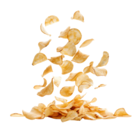 A flying of a pile of delicious potato chips isolated on a transparent backgroundA flying of a pile of delicious potato chips isolated on a transparent background png