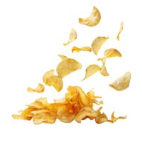 A flying of a pile of delicious potato chips isolated on a transparent backgroundA flying of a pile of delicious potato chips isolated on a transparent background png