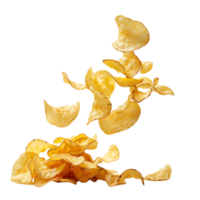 A flying of a pile of delicious potato chips isolated on a transparent backgroundA flying of a pile of delicious potato chips isolated on a transparent background png