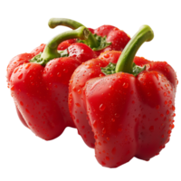 A fresh three red pepper with water droplets isolated on a transparent background png