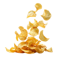 A flying of a pile of delicious potato chips isolated on a transparent backgroundA flying of a pile of delicious potato chips isolated on a transparent background png