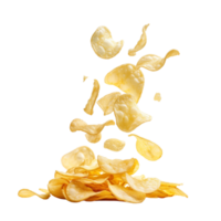 A flying of a pile of delicious potato chips isolated on a transparent backgroundA flying of a pile of delicious potato chips isolated on a transparent background png