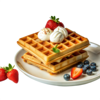 A stack of waffles with whipped cream and strawberries on top png