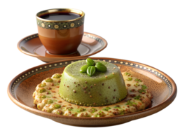 3d of A portion of tahini halva garnished with pistachios, set on a decorative plate with a cup of Turkish coffee png
