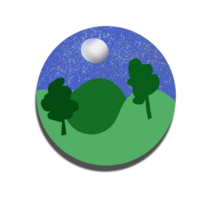A cartoon illustration of a green and blue landscape with trees and a moon png
