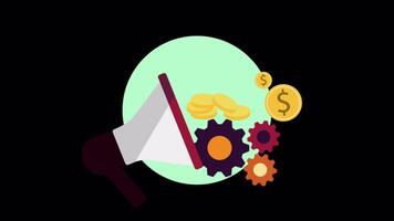 Gold Coins Coming Out Of Email Marketing Megaphone On Alpha Channel 2D Cartoon Animation video
