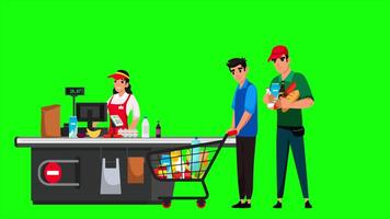 A Cashier Working In A Supermarket Is Counting The Goods And Two Cust On Greenscreen Background 2D Cartoon Animation video