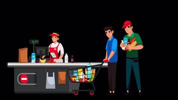 A Cashier Working In A Supermarket Is Counting The Goods And Two Cust On Alpha Channel 2D Cartoon Animation video