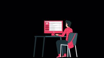 homem trabalhando em a computador é interessado dentro a projeto sobre trabalhos dentro a programa em alfa canal 2d desenho animado animação video