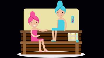 Two Women Sitting And Resting In The Sauna Are Talking To Each Other On Alpha Channel 2D Cartoon Animation video