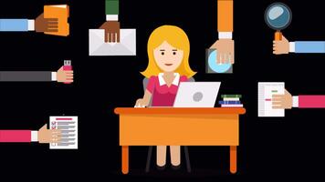 The Woman Working In The Office Is Working On The Project On The Laptop And Hands Are Coming Out And Giving Work On Alpha Channel 2D Cartoon Animation video