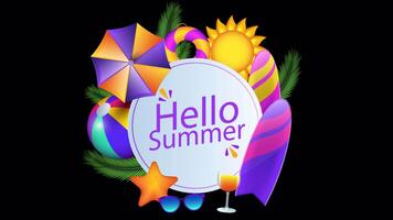 Summer Items Collected Behind The Hello Summer Text 2D Cartoon Animation On Alpha Channel video