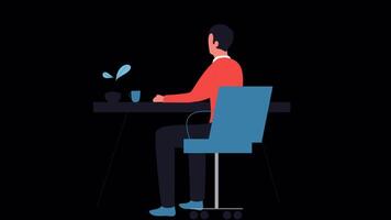 Man Sitting In Chair At Laptop Computer At Desk On Alpha Channel 2D Cartoon Animation video