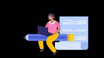 Woman Working In Office Solving Problem With Project on Laptop 2D Cartoon Animation On Alpha Channel video