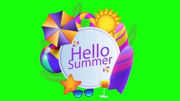 Summer Items Collected Behind The Hello Summer Text 2D Cartoon Animation On Greenscreen video
