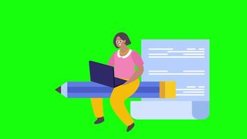 Woman Working In Office Solving Problem With Project on Laptop 2D Cartoon Animation On Greenscreen video