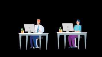 Group Of Office Workers Sitting At Desks And Communicating Or Talking On Alpha Channel 2D Cartoon Animation video