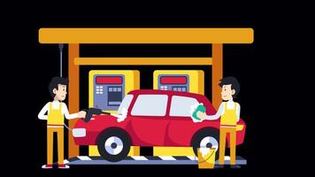 Two Happy Characters In Uniform Washing Car With Soap 2D Cartoon Animation On Alpha Channel video