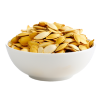 Dried pumpkin seeds in white bowl isolated on transparent background png