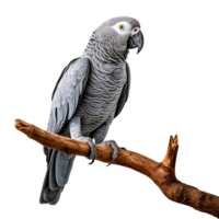 grey parrot sitting on a branch isolated on transparent background png