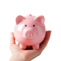 Hand holding pink piggy bank isolated on transparent background png