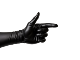 Index finger pointing sign in black glove isolated on transparent background png