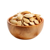 Pumpkin seeds in wood bowl isolated on transparent background png