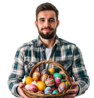 Portrait of a boy holding a basket full of Easter eggs on isolated transparent background png