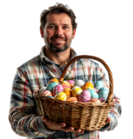 Portrait of a boy holding a basket full of Easter eggs on isolated transparent background png