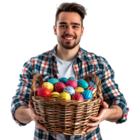 Portrait of a boy holding a basket full of Easter eggs on isolated transparent background png
