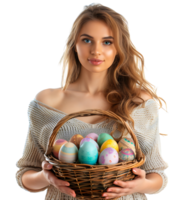 Portrait of a young girl holding a basket full of Easter eggs on isolated transparent background png