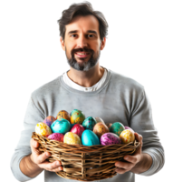Portrait of a boy holding a basket full of Easter eggs on isolated transparent background png
