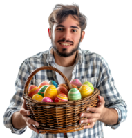 Portrait of a boy holding a basket full of Easter eggs on isolated transparent background png