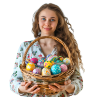 Portrait of a young girl holding a basket full of Easter eggs on isolated transparent background png
