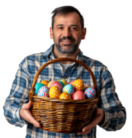 Portrait of a boy holding a basket full of Easter eggs on isolated transparent background png