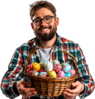 Portrait of a boy holding a basket full of Easter eggs on isolated transparent background png