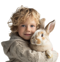 kid holding a rabbit on isolated transparent background png