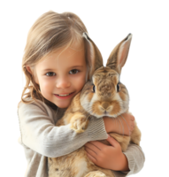 kid holding a rabbit on isolated transparent background png