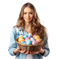 Portrait of a young girl holding a basket full of Easter eggs on isolated transparent background png