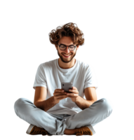Laughing man sitting on floor on browsing social media on phone on isolated transparent background png